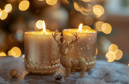 Three gold candles are lit on a table, with a golden deer figurine next to them. Holiday lights create a warm glow in the background.の素材