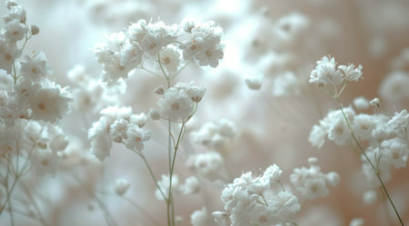 Close-up of a cluster of small, white Baby's Breath flowers with soft lighting, showing their delicate petals and delicate branches.の素材