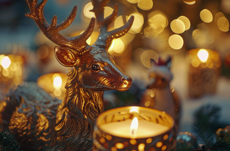 Three gold candles are lit on a table, with a golden deer figurine next to them. Holiday lights create a warm glow in the background.の素材
