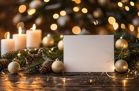 A blank white card stands on a wooden table surrounded by Christmas tree branches, ornaments, pine cones, and lit candles.の素材