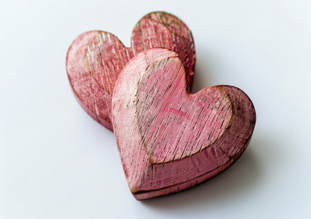 Two pink wooden hearts, carved in the shape of hearts, are laying on a white background.の素材