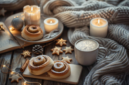 Two cinnamon rolls sit on a wooden tray next to two lit candles and a knitted blanket.の素材