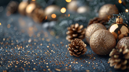 Shiny gold Christmas ornaments and pine cones arranged on a glittering surface with a background of festive lights.の素材