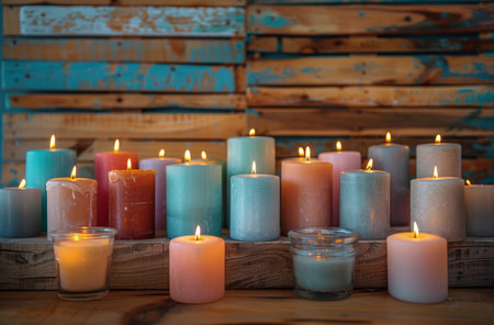 A collection of colorful candles are burning brightly, arranged on a wooden shelf.の素材