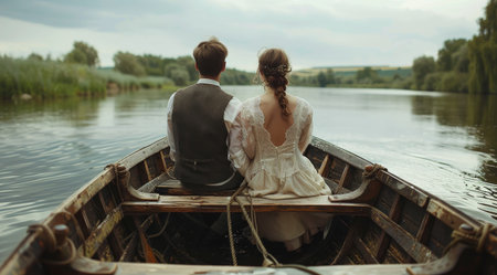 A newly married couple sits in a wooden rowboat, facing forward, while on a river surrounded by green foliage.の素材