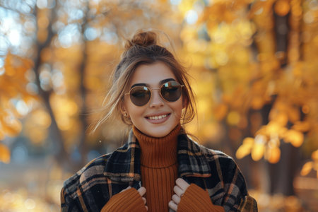 A woman in a plaid jacket smiles while standing in front of a background of autumn leaves. She wears a dark orange turtleneck sweater and sunglasses.の素材