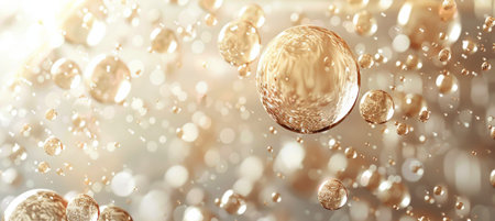 Close up of gold-colored bubbles floating in the air with a blurred background of golden light.の素材
