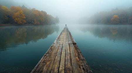 A person walks down a wooden dock extending into a lake, shrouded in mist. The trees lining the shore are obscured by the fog.の素材