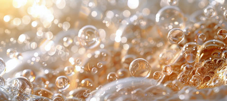 Close up of gold-colored bubbles floating in the air with a blurred background of golden light.の素材