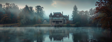 A grand chateau with a lake in front and dense forest behind, all shrouded in mist.の素材