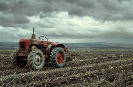 A red tractor sits alone in a harvested field under a cloudy sky.の素材