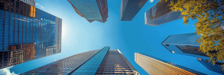 Tall skyscrapers tower over lush green trees in a city park, with a bright blue sky overhead.の素材