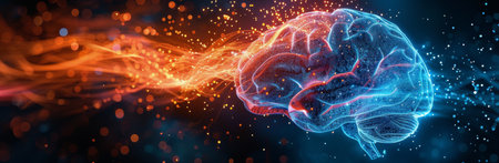 A digital rendering of the human brain, with a blue light effect on the left hemisphere and a red light effect on the right.の素材