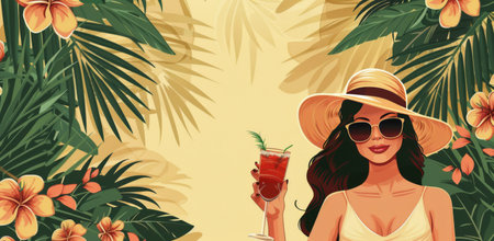 A woman wearing a straw hat and sunglasses holds a refreshing summer drink in a glass with a straw. She is enjoying the tropical surroundings with lush green palm leaves and bright orange flowers.の素材