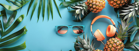 Tropical pineapples, sunglasses, and headphones on a vibrant blue background.の素材