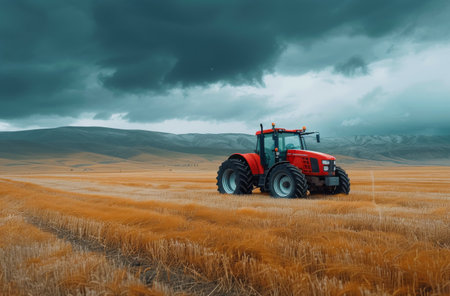 A red tractor sits alone in a harvested field under a cloudy sky.の素材