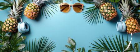 Tropical pineapples, sunglasses, and headphones on a vibrant blue background.の素材