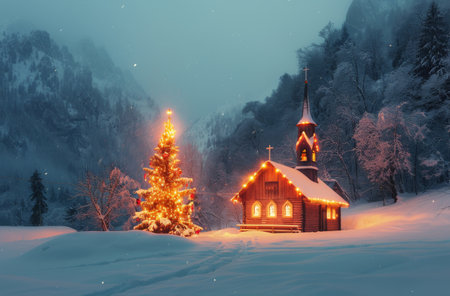 A small church and a Christmas tree are illuminated in a snowy valley, with mountains in the background and a blanket of snow covering the ground.の素材