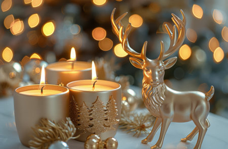 Three gold candles are lit on a table, with a golden deer figurine next to them. Holiday lights create a warm glow in the background.の素材
