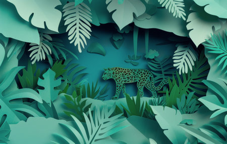 A papercraft leopard walks through a detailed papercut jungle.の素材