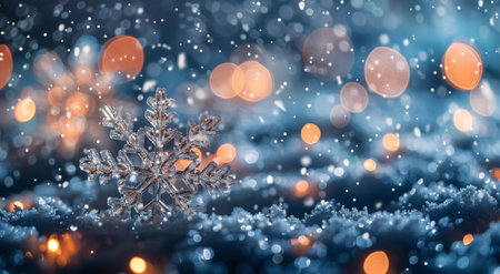 A silver snowflake rests on snowy ground, illuminated by warm bokeh lights and falling snow.の素材