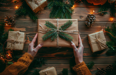 A person's hands hold a wrapped gift box decorated with pine sprigs on a rustic wooden tabletop with other gifts, pine branches, and string lights.の素材