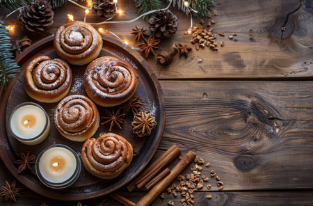 A wooden table setting decorated with cinnamon rolls, candles, pine branches, and decorative snowflakes.の素材
