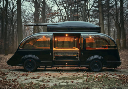 A black camper van with a retro design is parked in a forest setting. The van's door is open, revealing a cozy interior with a bed and lights.の素材