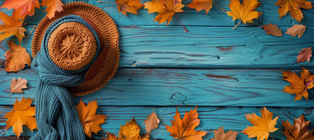 Autumn leaves and boots rest on a blue wooden floor.の素材