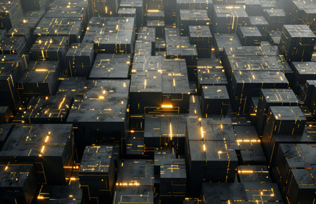 An abstract cityscape of black cubes with glowing orange lines, creating a futuristic and modern aesthetic.の素材