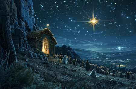 A group of people stand and kneel in front of a fire outside a cave entrance. The night sky above is full of stars and a bright star shines in the center of the image.の素材