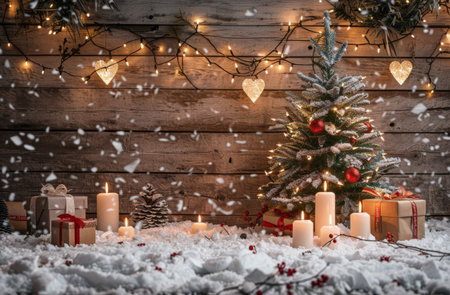 A small, decorated Christmas tree stands in front of a rustic wooden wall with string lights. The tree is surrounded by snow, candles, and presents.の素材