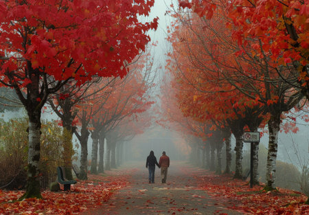 Two people walk hand-in-hand down a path lined with trees in a misty, autumn forest.の素材