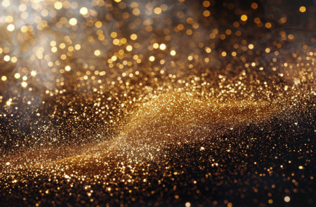 A close-up of gold glitter with soft, out-of-focus bokeh.の素材
