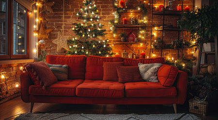 A red sofa sits in front of a decorated Christmas tree and a fireplace with lit candles.の素材