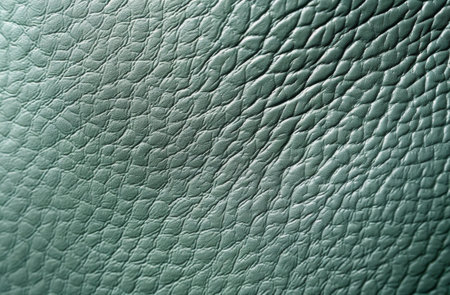 A close-up of green leather with a wrinkled texture, showing the natural grain and subtle variations in color.の素材