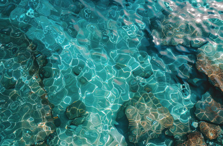A close-up of a turquoise swimming pool with the sun reflecting off the surface of the water.の素材