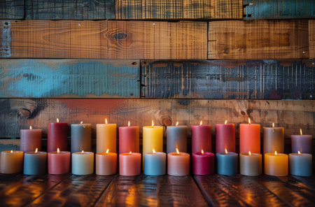 A collection of colorful candles are burning brightly, arranged on a wooden shelf.の素材
