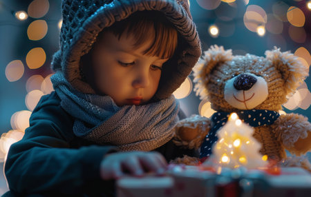 A young boy wearing a hooded sweatshirt and scarf looks at a wrapped gift with a teddy bear sitting on top. The gift is illuminated by twinkling lights, creating a magical atmosphere.の素材