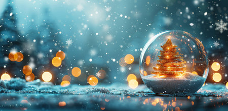 A snow globe with a gold Christmas tree inside sits on a sparkly surface with a blurred background of lights and falling snow.の素材
