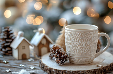 A white mug with intricate designs sits on a wooden surface, surrounded by miniature houses and pinecones. The warm glow of a candle and Christmas lights creates a cozy, winter ambiance.の素材