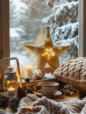 A warm mug of cocoa sits on a windowsill decorated with pine cones, a lantern, and a glowing star ornament. A soft blanket hangs over the edge of the sill, adding to the cozy winter ambiance.の素材
