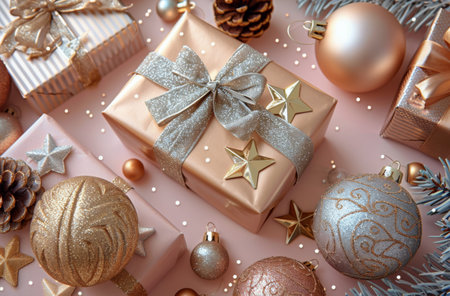 A flat lay of rose gold Christmas ornaments, gifts, and pine branches on a pink background. The ornaments are decorated with glitter and stars.の素材