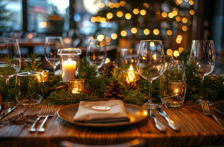 A rustic wooden table set for dinner with candles, greenery, and pine cones. The table is set with wine glasses, silverware, and a place setting.の素材