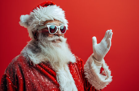 A close-up image of Santa Claus wearing sunglasses and a white beard, gesturing with his right hand against a red background.の素材