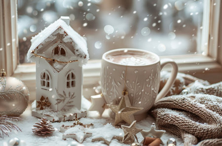 A cup of hot chocolate sits on a windowsill, surrounded by festive decorations, with snow falling outside.の素材