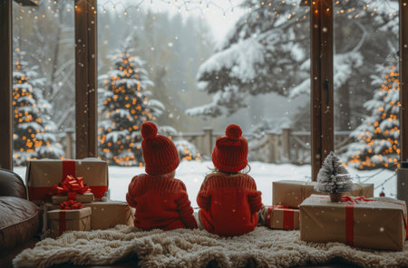 Two children in red winter clothing sit on a white rug and look out a window at a snowy winter scene. A Christmas tree is visible outside and ornaments hang from the window.の素材
