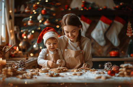 A mother and her young child, wearing a Santa hat, are decorating Christmas cookies in a warm kitchen setting. The table is covered in freshly baked cookies and powdered sugar. A Christmas tree with twinkling lights is visible in the background.の素材