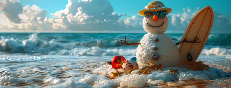 A snowman wearing a Santa hat and sunglasses holds a surfboard while standing on a sandy beach with ocean waves in the background.の素材