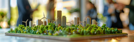 A model city with wind turbines and lush greenery in the foreground, with blurred figures of people in the background.の素材